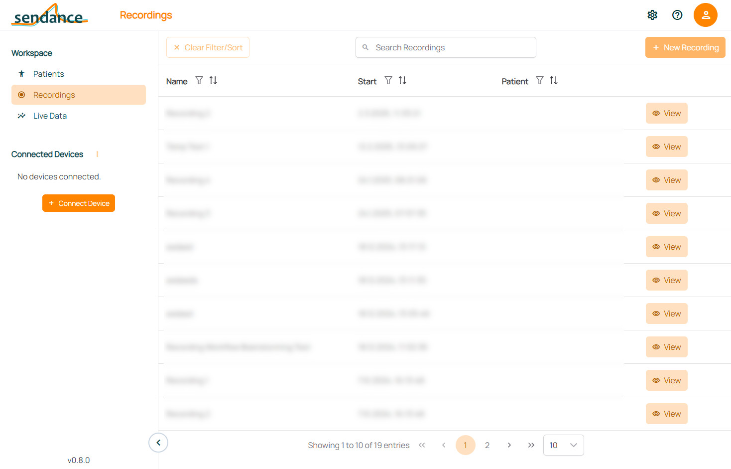 Workspace tab: "Recordings"